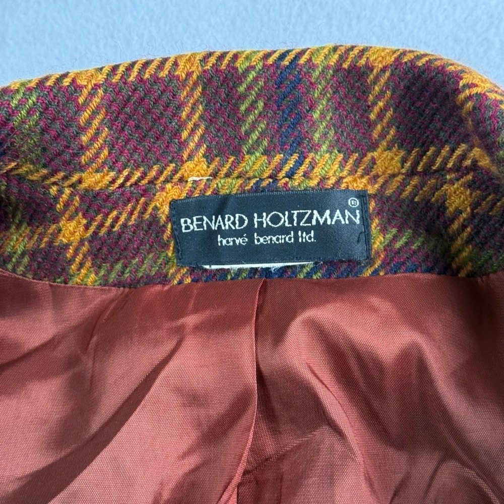 Benard Holtzman Vintage Plaid Wool Blazer Jacket Burgundy Mustard Yellow Green - Picture 3 of 6